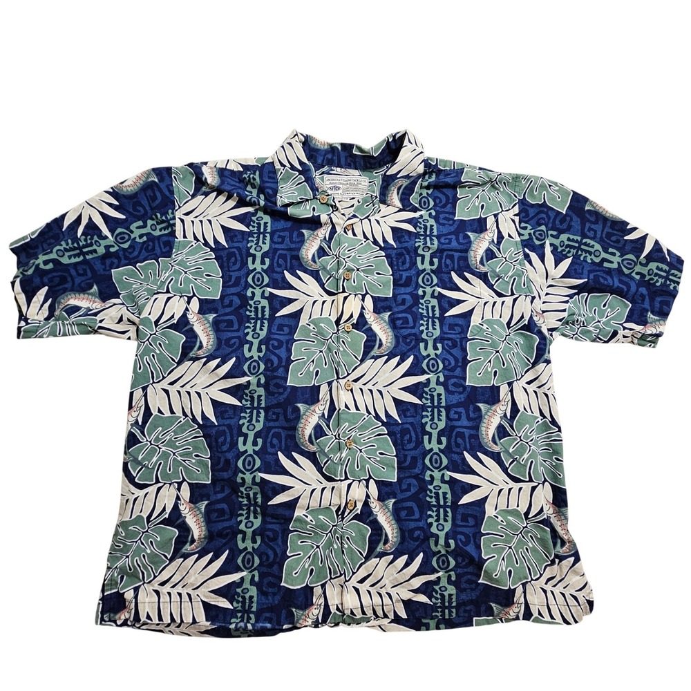 AFTCO Bluewater Wear Fishing Shirt Mens 2X Blue Green Tropical Marlin Vintage *